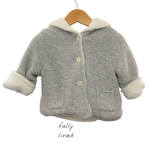 Baby Gap Sherpa Lined Gray Garter Knit Hoodie Jacket 6–12M Cozy Winter Neutral - Picture 5 of 9